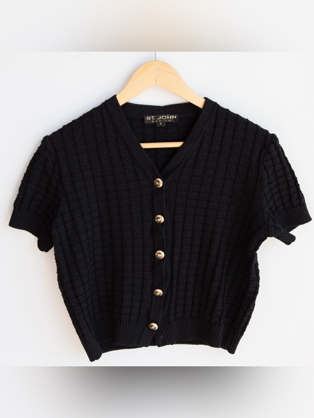 St. John Basics Black Short Sleeve Knit Cardigan Gold Buttons Petite S